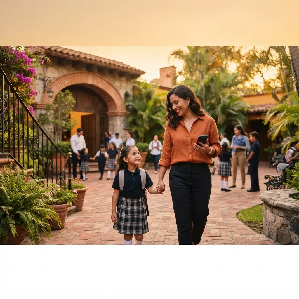 Madre y estudiante llegando al colegio